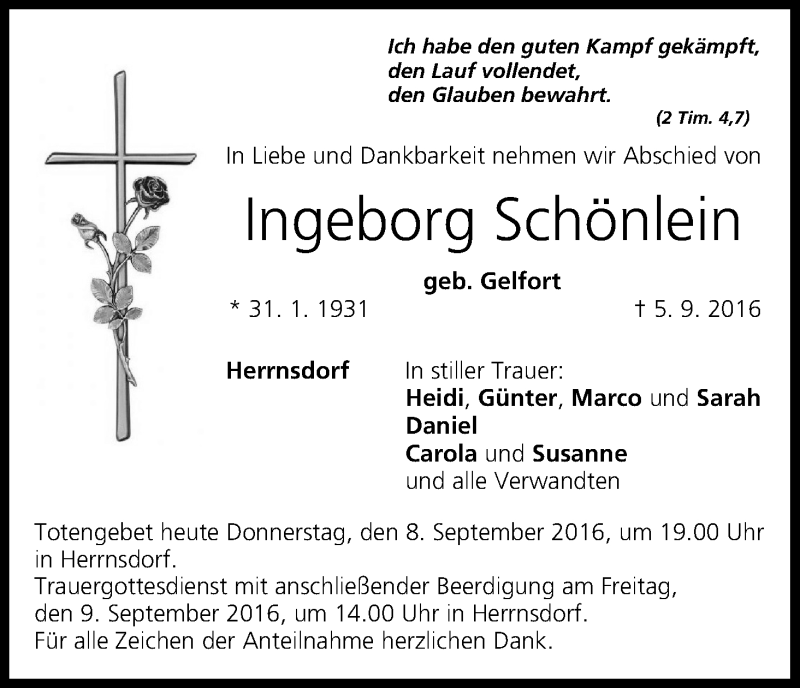  Traueranzeige für Ingeborg Schönlein vom 08.09.2016 aus MGO