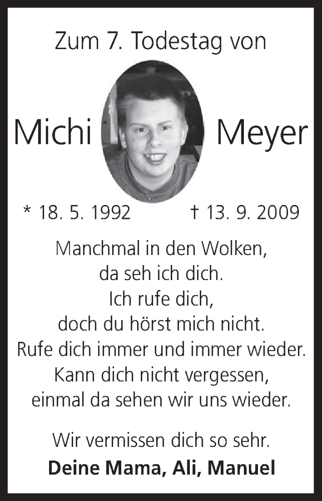  Traueranzeige für Michi Meyer vom 13.09.2016 aus MGO