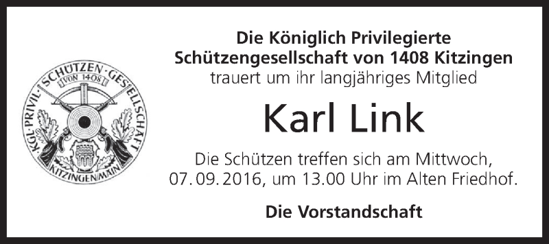 Traueranzeige für Karl Link vom 07.09.2016 aus MGO