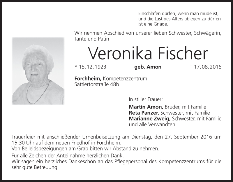  Traueranzeige für Veronika Fischer vom 24.09.2016 aus MGO