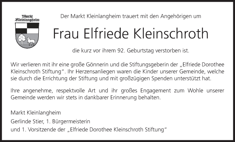  Traueranzeige für Elfriede Kleinschroth vom 30.09.2016 aus MGO
