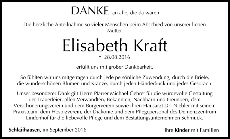  Traueranzeige für Elisabeth Kraft vom 10.09.2016 aus MGO