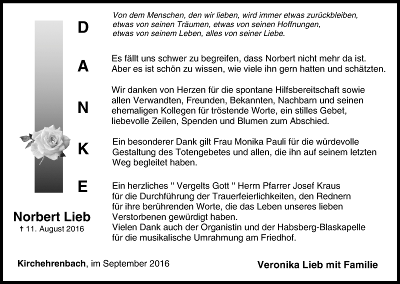  Traueranzeige für Norbert Lieb vom 17.09.2016 aus MGO