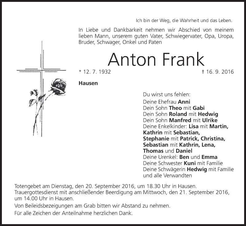 Traueranzeige für Anton Frank vom 19.09.2016 aus MGO