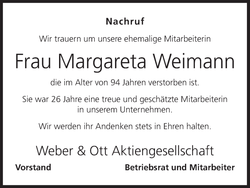  Traueranzeige für Margareta Weimann vom 06.09.2016 aus MGO