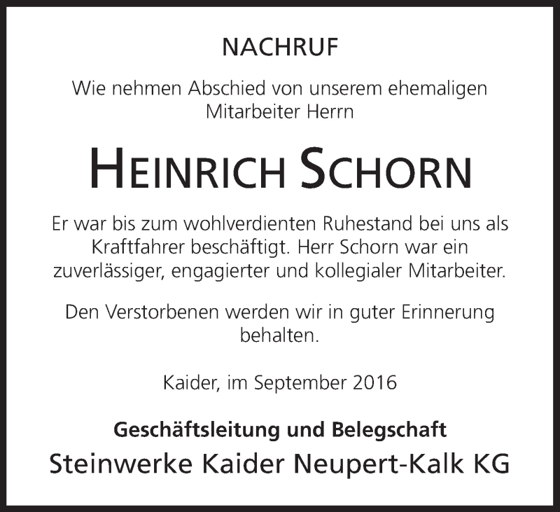  Traueranzeige für Heinrich Schorn vom 29.09.2016 aus MGO
