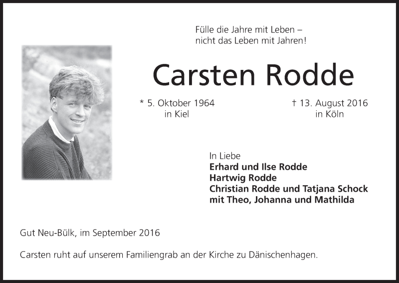  Traueranzeige für Carsten Rodde vom 24.09.2016 aus MGO