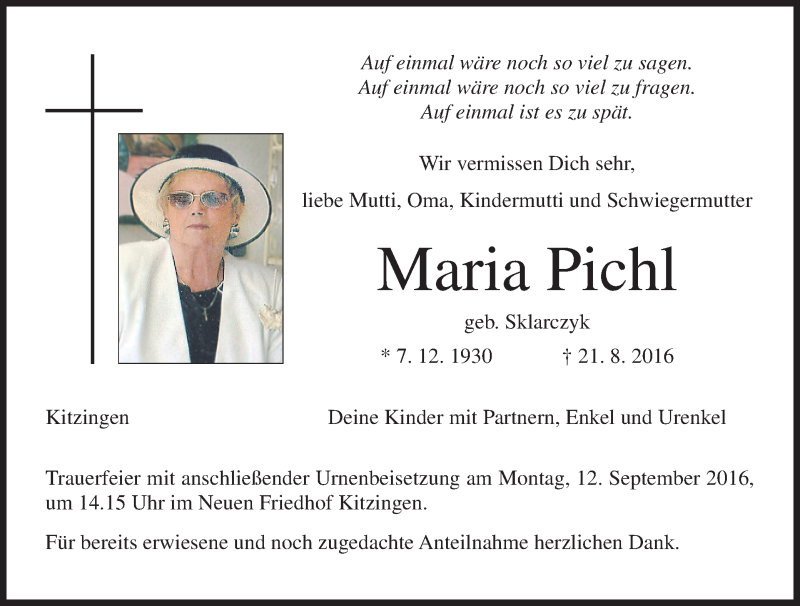  Traueranzeige für Maria Pichl vom 03.09.2016 aus MGO