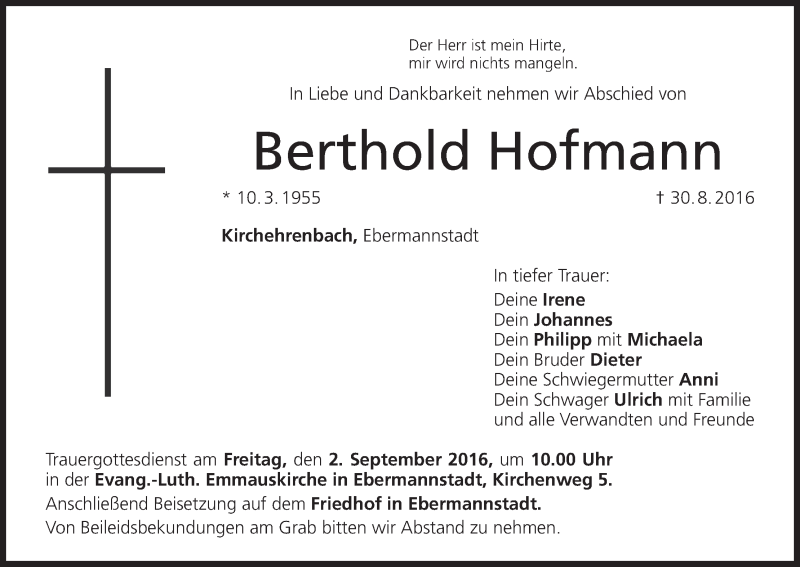  Traueranzeige für Berthold Hofmann vom 01.09.2016 aus MGO