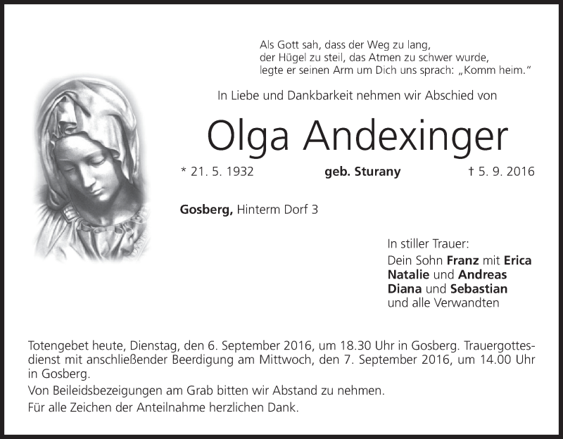  Traueranzeige für Olga Andexinger vom 06.09.2016 aus MGO