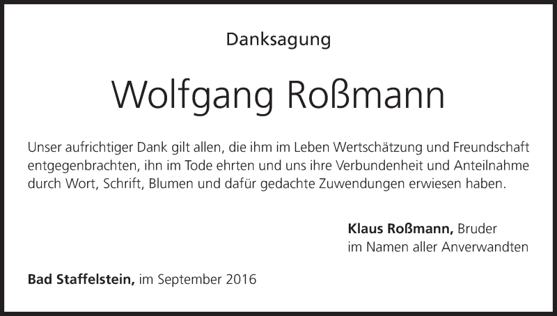  Traueranzeige für Wolfgang Roßmann vom 10.09.2016 aus MGO