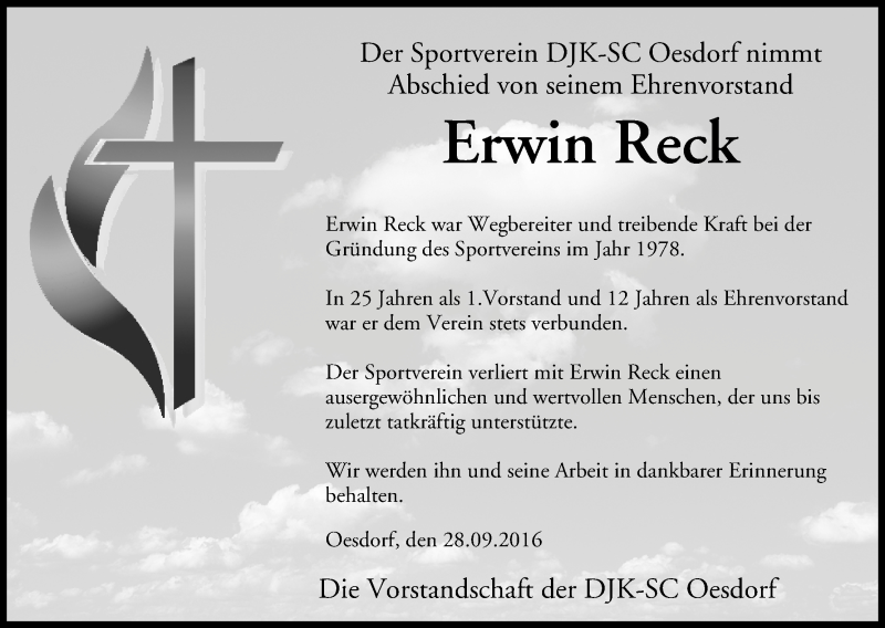  Traueranzeige für Erwin Reck vom 28.09.2016 aus MGO