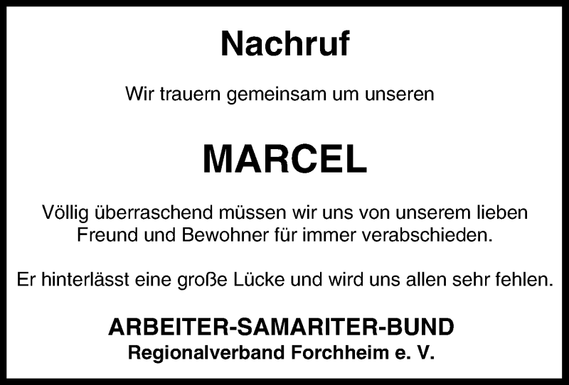  Traueranzeige für Marcel  vom 28.09.2016 aus MGO