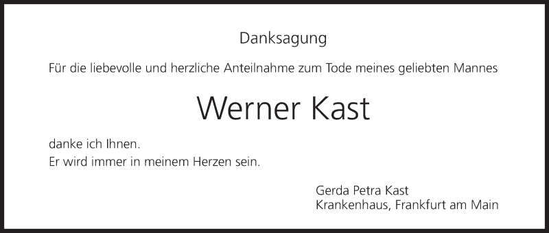  Traueranzeige für Werner Kast vom 24.09.2016 aus MGO