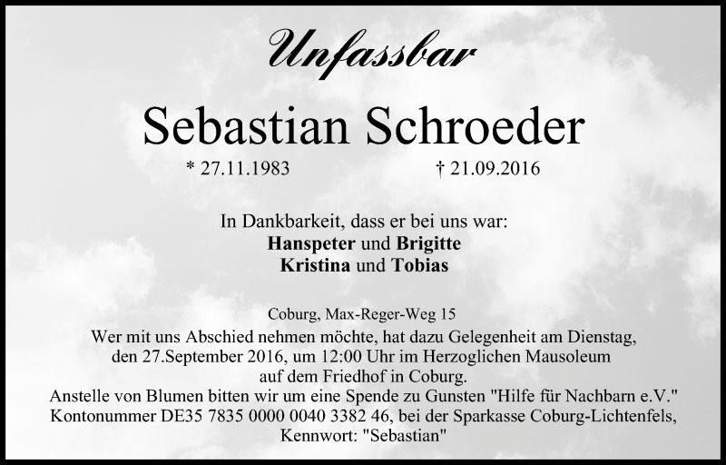  Traueranzeige für Sebastian Schroeder vom 24.09.2016 aus MGO