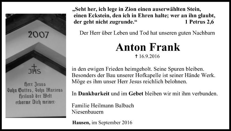  Traueranzeige für Anton Frank vom 20.09.2016 aus MGO