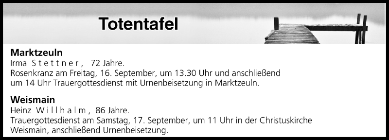  Traueranzeige für Totentafel vom 15.09.2016 vom 15.09.2016 aus MGO