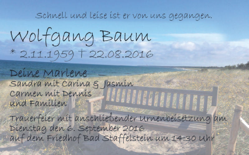  Traueranzeige für Wolfgang Baum vom 03.09.2016 aus MGO