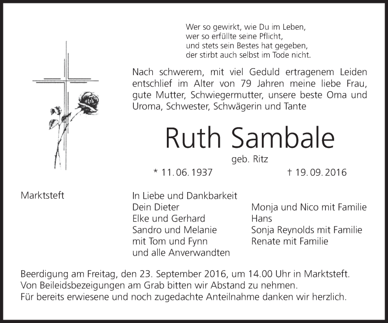  Traueranzeige für Ruth Sambale vom 21.09.2016 aus MGO