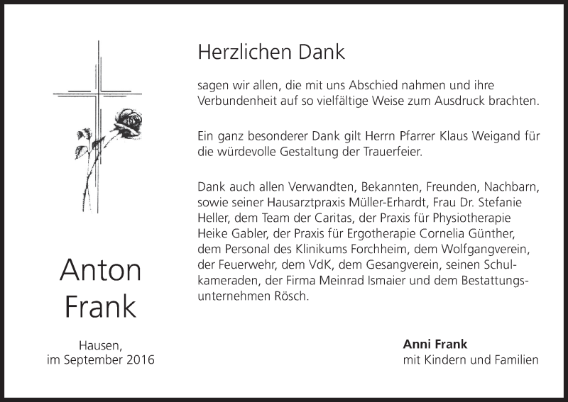  Traueranzeige für Anton Frank vom 29.09.2016 aus MGO