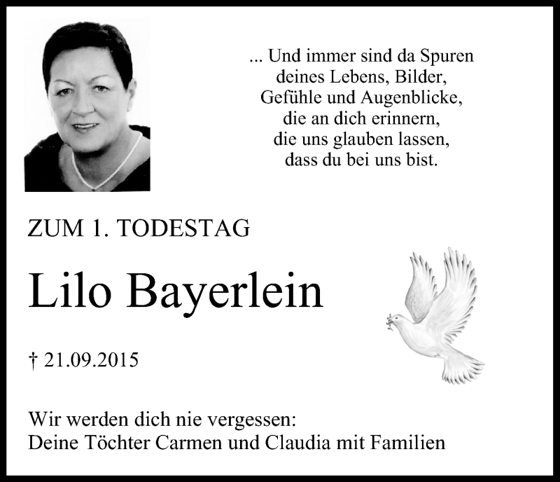  Traueranzeige für Lilo Bayerlein vom 24.09.2016 aus MGO