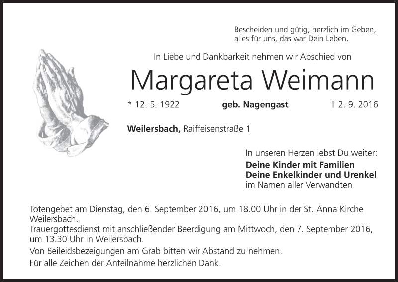  Traueranzeige für Margareta Weimann vom 05.09.2016 aus MGO