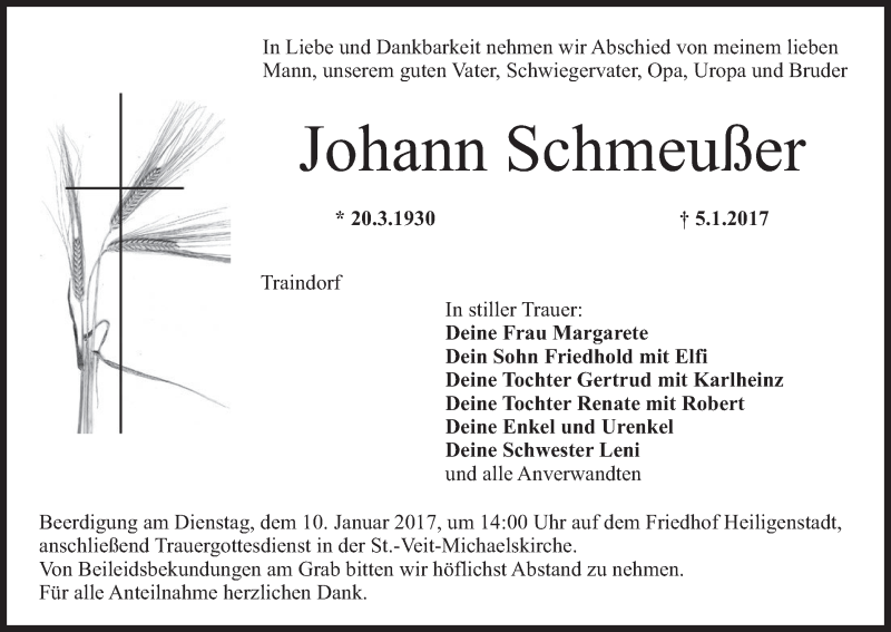  Traueranzeige für Johann Schmeußer vom 06.01.2017 aus MGO