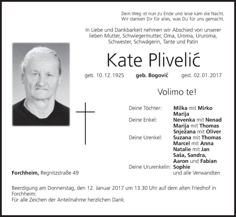  Traueranzeige für Kate Plivelic vom 09.01.2017 aus MGO