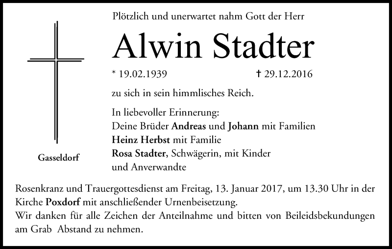  Traueranzeige für Alwin Stadter vom 11.01.2017 aus MGO
