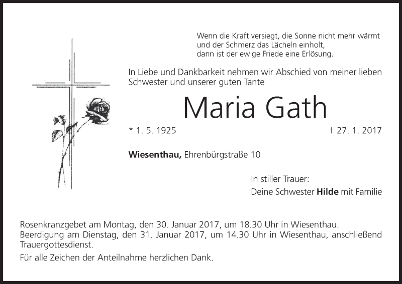  Traueranzeige für Maria Gath vom 28.01.2017 aus MGO