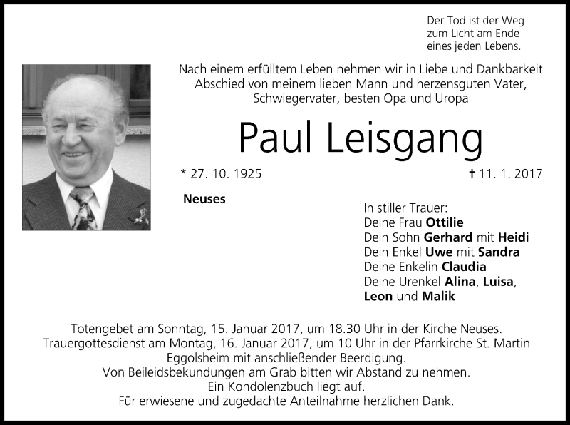  Traueranzeige für Paul Leisgang vom 13.01.2017 aus MGO