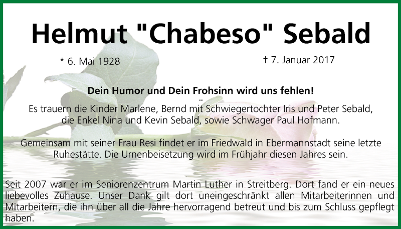  Traueranzeige für Helmut Chabeso Sebald vom 17.01.2017 aus MGO