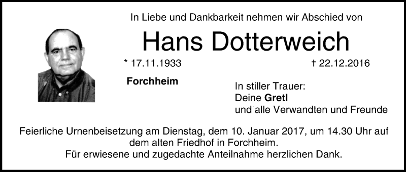  Traueranzeige für Hans Dotterweich vom 06.01.2017 aus MGO
