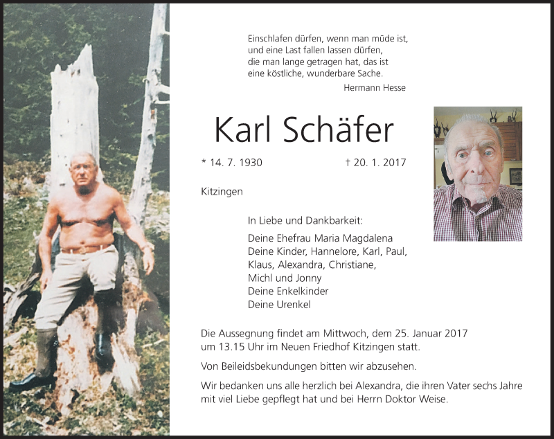  Traueranzeige für Karl Schäfer vom 24.01.2017 aus MGO
