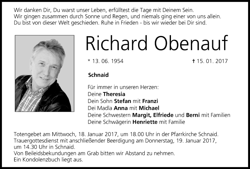  Traueranzeige für Richard Obenauf vom 17.01.2017 aus MGO