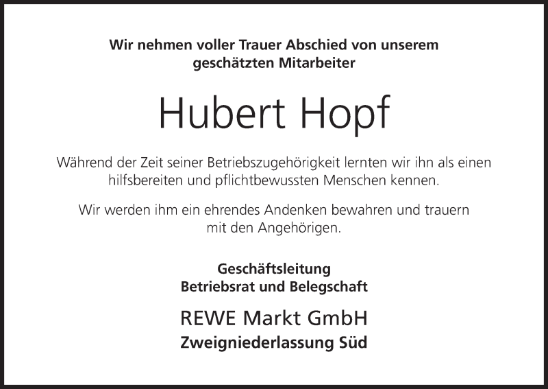  Traueranzeige für Hubert Hopf vom 28.01.2017 aus MGO