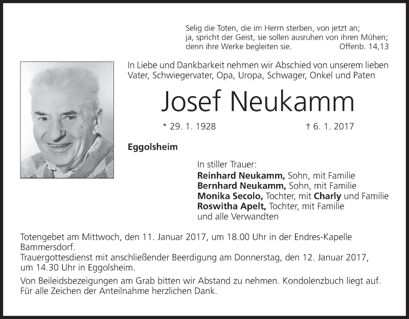  Traueranzeige für Josef Neukamm vom 10.01.2017 aus MGO