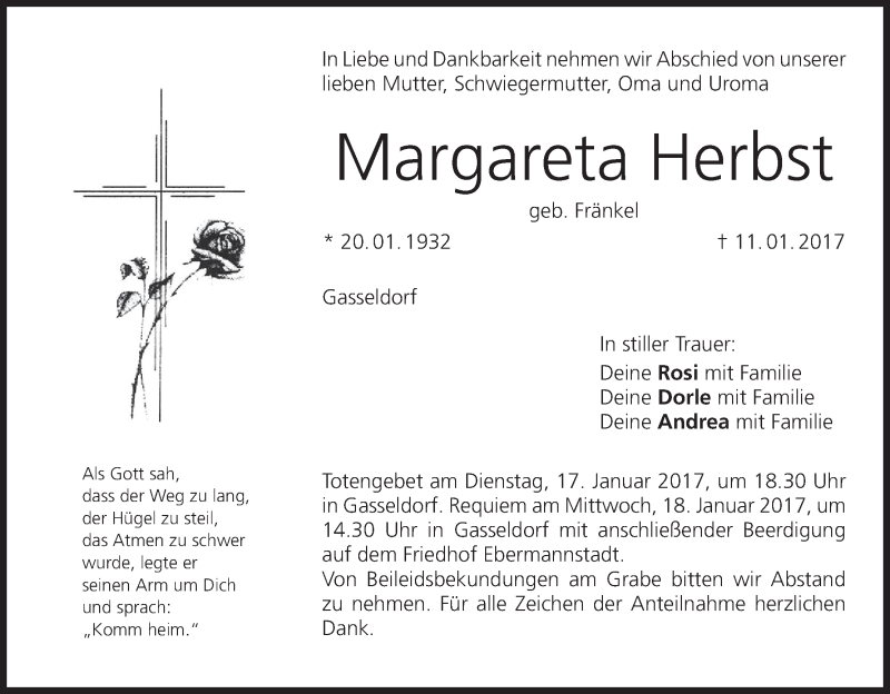  Traueranzeige für Margareta Herbst vom 14.01.2017 aus MGO