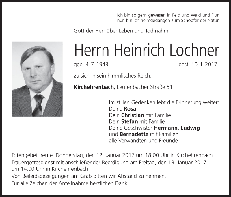  Traueranzeige für Heinrich Lochner vom 12.01.2017 aus MGO