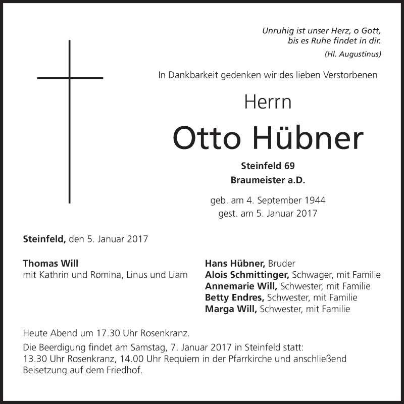  Traueranzeige für Otto Hübner vom 06.01.2017 aus MGO