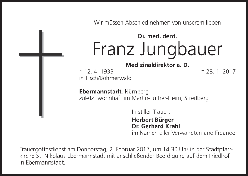  Traueranzeige für Franz Jungbauer vom 31.01.2017 aus MGO
