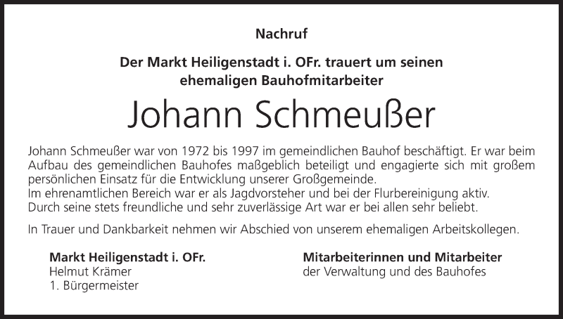  Traueranzeige für Johann Schmeußer vom 10.01.2017 aus MGO