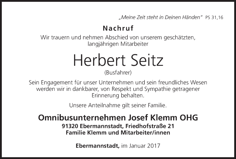  Traueranzeige für Herbert Seitz vom 09.01.2017 aus MGO