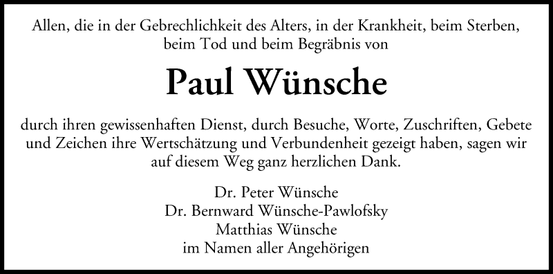  Traueranzeige für Paul Wünsche vom 14.01.2017 aus MGO
