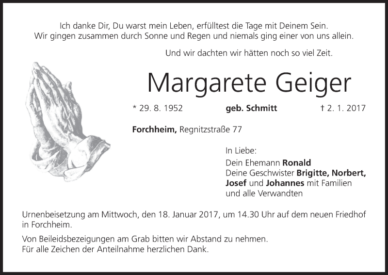  Traueranzeige für Margarete Geiger vom 11.01.2017 aus MGO