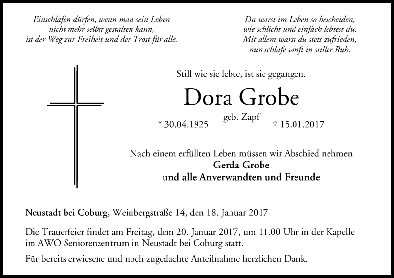  Traueranzeige für Dora Grobe vom 18.01.2017 aus MGO