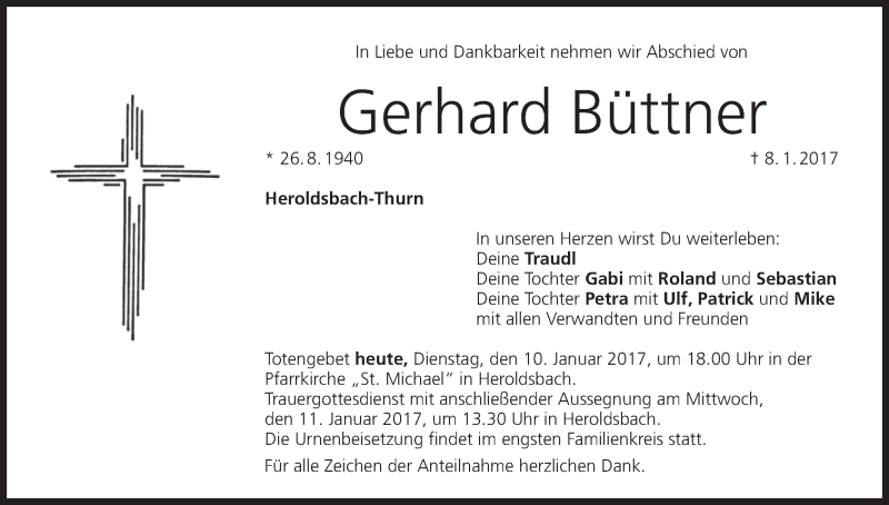  Traueranzeige für Gerhard Büttner vom 10.01.2017 aus MGO