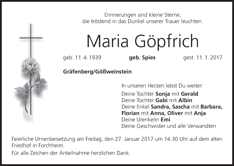  Traueranzeige für Maria Göpfrich vom 24.01.2017 aus MGO