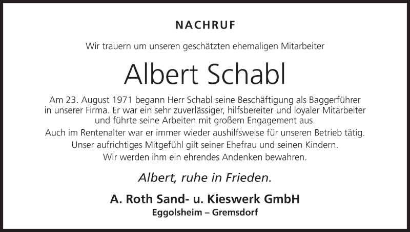  Traueranzeige für Albert Schabl vom 06.01.2017 aus MGO