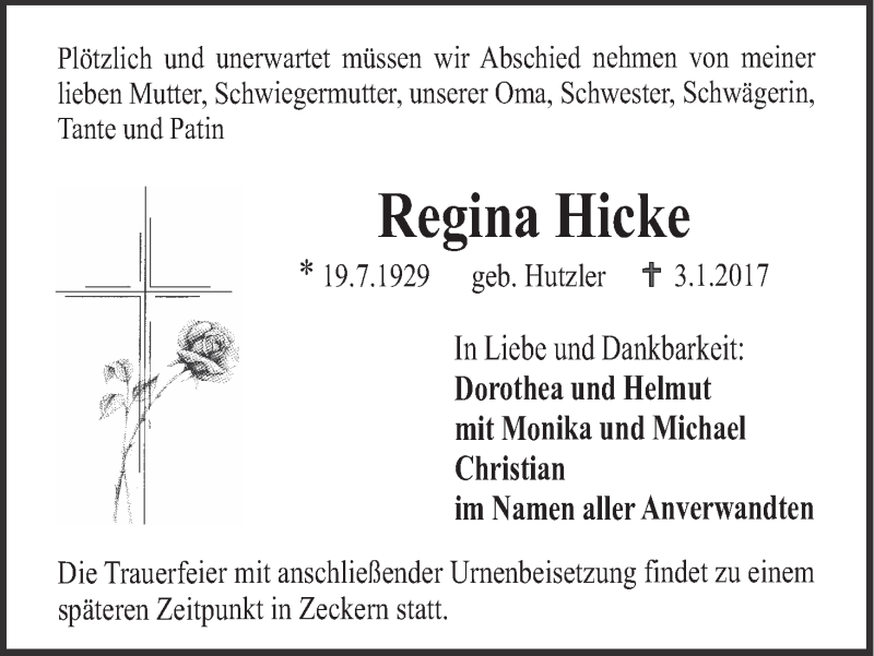 Traueranzeige für Regina Hicke vom 06.01.2017 aus MGO